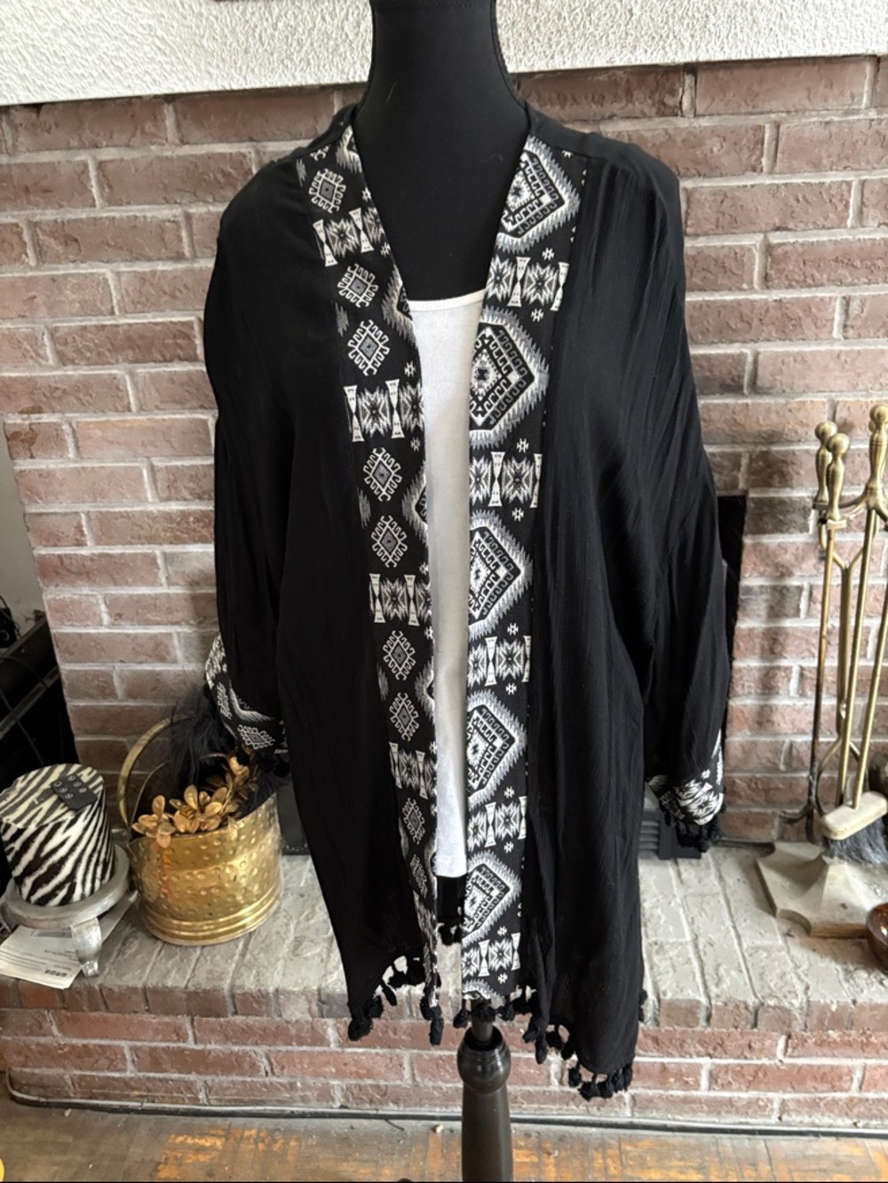 Umgee Black Open-Front Embroidered Fringe Hem Cardigan